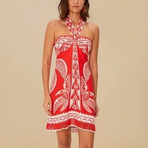 BRAND NEW FARM Rio Red Majestic Coconut Tree Linen Mini Dress